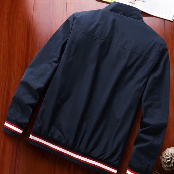 Blue Casual Mens Striped Trim Zip Up Jacket - Picture 2 of 6